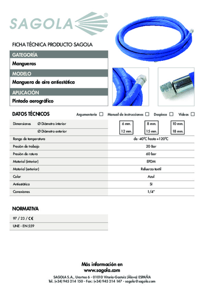 Ficha técnica Manguera de aire anti-estática