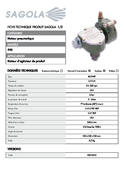 Fiche technique Moteur pneumatique 446