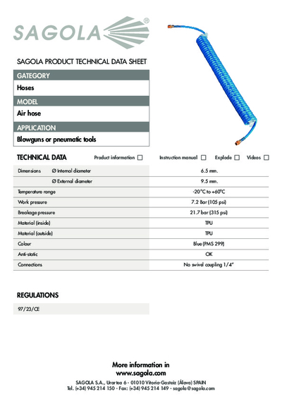 Technical data sheet Air hose spiral PU